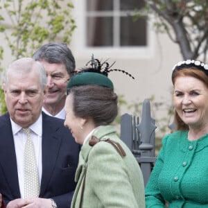La princesse Anne, le prince Andrew, duc d'York, Sarah Ferguson, duchesse d'York, Timothy Laurence - Les membres de la famille royale britannique arrivent à la chapelle Saint-George pour assister à la messe de Pâques. Windsor, le 31 mars 2024. 