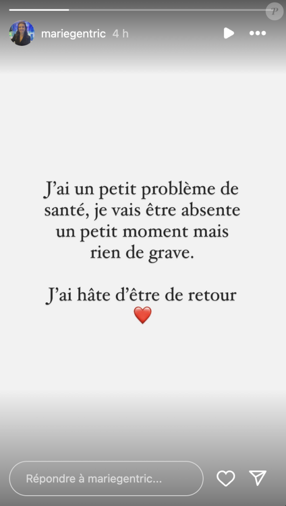 Sur ses réseaux sociaux, elle a fait elle-même l'annonce et en a expliqué les raisons.
Marie Gentric, journaliste sur BFMTV, annonce être obligée de s'absenter de l'antenne pour raisons de santé. Instagram