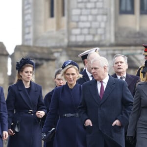 La princesse Beatrice d'York, son mari Edoardo Mapelli Mozzi, Zara Tindall, le prince Andrew, Sarah Ferguson - Arrivées à la messe en hommage au roi Constantin II à la chapelle Saint George à Windsor le 27 février 2024. 