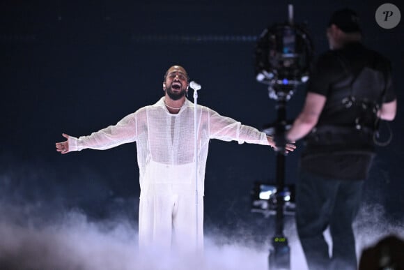 Slimane avec sa chanson "Mon Amour" lors de la première répétition générale avant la finale de la 68ème édition du Concours Eurovision de la chanson (ESC) à la Malmö Arena, en Suède, le 10 mai 2024. © Jessica Gow /TTNews/Bestimage 