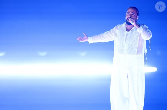 Slimane avec sa chanson "Mon Amour" lors de la première répétition générale avant la finale de la 68ème édition du Concours Eurovision de la chanson (ESC) à la Malmö Arena, en Suède, le 10 mai 2024. © Sanjin Strukic/PIXSELL/Bestimage