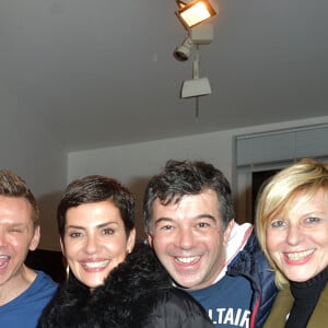 Karine Le Marchand, Laurent Ruquier, JeanFi Janssens, Cristina Cordula, Stéphane Plaza et Chantal Ladesou au cocktail après la générale du spectacle "JeanFi (Janssens) Décolle" à l'Alhambra à Paris, le 7 décembre 2017. © Giancarlo Gorassini/Bestimage 