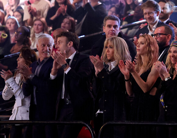 Exclusif - Claude et son mari Didier Deschamps, Emmanuel et Brigitte Macron, sa fille Tiphaine Auzière - Personnalités lors de l'enregistrement de l'émission "Le gala des Pièces Jaunes, le concert événement" au Zenith de Paris, et diffusée le 28 janvier sur France 2. Le 25 janvier 2023 © Dominique Jacovides / Bestimage