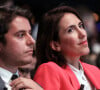 Le premier ministre, Gabriel Attal et Valérie Hayer, tête de liste de la majorité Renaissance pour les élections européennes lors du meeting " Besoin d'Europe" à la maison de la mutualité, le 7 mai 2024. © Stéphane Lemouton / Bestimage