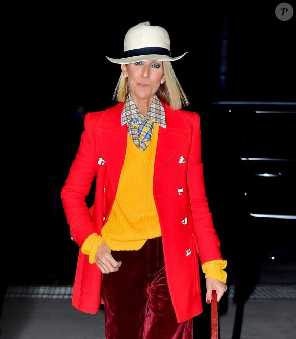 Mais aussi dans une interview pour NBC News ce vendredi. 
Céline Dion porte un ensemble coloré et un chapeau blanc à la sortie du Barclays Center à New York le 28 février 2020.