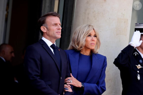 Emmanuel Macron et sa femme Brigitte - Le président des Etats-Unis et sa femme à leur arrivée au palais de l'Elysée à Paris, à l'occasion de leur visite d'état en France. Le 8 juin 2024 © Jacovides-Moreau / Bestimage 