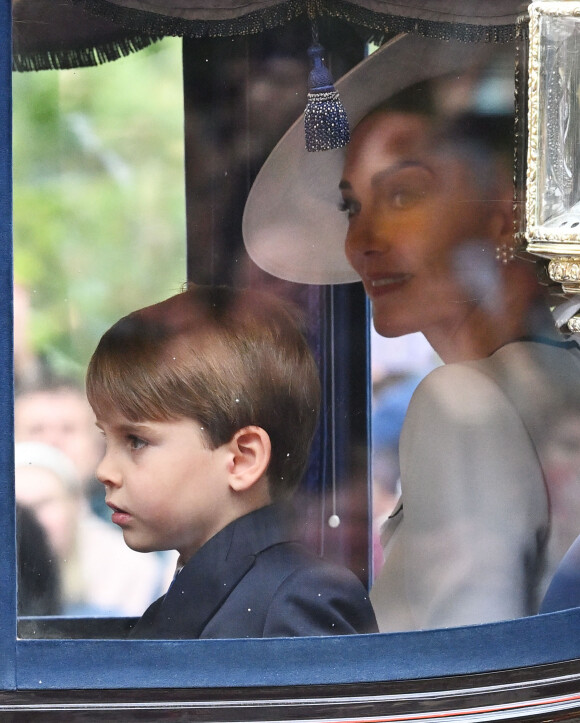 Le prince Louis de Galles et Catherine (Kate) Middleton, princesse de Galles - Les membres de la famille royale britannique lors de la parade Trooping the Color à Londres, Royaume Uni, le 15 juin 2024. © Justin Goff/GoffPhotos/Bestimage  The King, Charles III, and members of the royal family attending Trooping the Colour. The King, because of his health issue, will journey from Buckingham Palace to Horseguards Parade in a carriage. The Prince of Wales, the Princess Royal, Prince Edward, The Duke of Edinburgh will be on horseback. The Queen, Camilla, Catherine, Princess of Wales, the children, Prince George, Princess Charlotte, Prince Louis, and Sophie, Duchess of Edinburgh, will be in open carriages, weather permitting. On returning, The Royal Family will appear on the balcony at the palace for the flypast. 