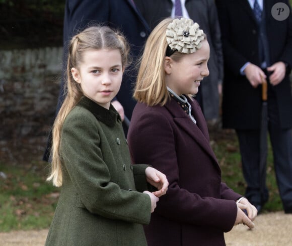 La princesse Charlotte de Galles, Mia Tindall - Les membres de la famille royale britannique lors de la messe du matin de Noël en l'église St-Mary Magdalene à Sandringham, le 25 décembre 2023.