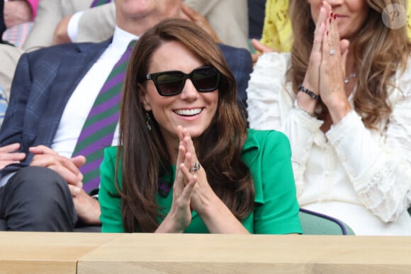 Le prince et la princesse de Galles avec le prince George et la princesse Charlotte lors de la finale masculine du dernier jour des championnats de tennis de Wimbledon à Londres, au Royaume-Uni, le 16 juillet 2023. Photo par Stephen Lock / i-Images/ABACAPRESS.COM