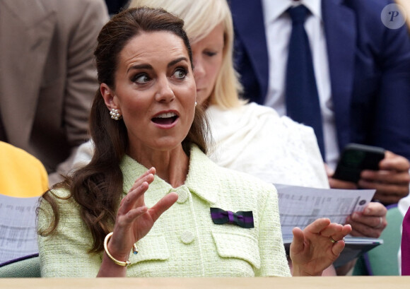 Elizabeth II connaissant son goût pour ce sport, elle l'a nommée marraine du tournoi. La princesse de Galles dans la loge royale lors de la treizième journée des championnats de Wimbledon 2023 au All England Lawn Tennis and Croquet Club à Wimbledon. Londres, Royaume-Uni, le samedi 15 juillet 2023. Photo par John Walton/PA Wire/ABACAPRESS.COM