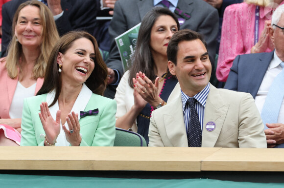 Kate Middleton, la princesse de Galles avec Roger Federer et son épouse Mirka, dans la loge royale lors de la deuxième journée des championnats de tennis de Wimbledon à Londres, Royaume-Uni, le 04 juillet 2023. Photo par Stephen Lock / i-Images/ABACAPRESS.COM