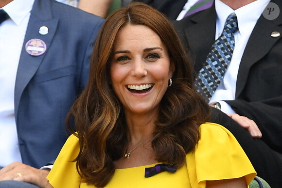 La duchesse de Cambridge à Wimbledon, regarde la finale masculine sur le court central lors de la treizième journée des championnats de tennis de Wimbledon à Londres, au Royaume-Uni, le 15 juillet 2018. Photo par Andrew Parsons / Parsons Media/ABACAPRESS.COM