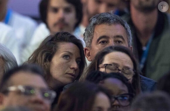 Gérald Darmanin et sa femme Rose-Marie Devillers assistent à la finale de l'épée individuellel homme avec le francais Yannick Borel qui perd en finale face à Kōki Kanō au Grand Palais lors des Jeux Olympiques de Paris 2024 (JO) à Paris le 28 juillet 2024. © Dominique Jacovides-Pierre Perusseau/Bestimage 