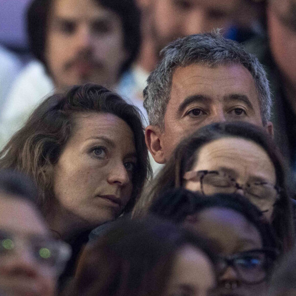 Gérald Darmanin et sa femme Rose-Marie Devillers assistent à la finale de l'épée individuellel homme avec le francais Yannick Borel qui perd en finale face à Kōki Kanō au Grand Palais lors des Jeux Olympiques de Paris 2024 (JO) à Paris le 28 juillet 2024. © Dominique Jacovides-Pierre Perusseau/Bestimage 