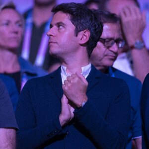 Gabriel Attal assiste à la finale de l'épée individuellel homme avec le francais Yannick Borel qui perd en finale face à Kōki Kanō au Grand Palais lors des Jeux Olympiques de Paris 2024 (JO) à Paris le 28 juillet 2024. © Dominique Jacovides-Pierre Perusseau/Bestimage 