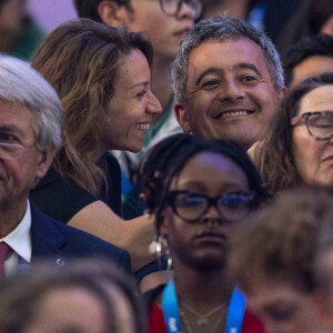 Gérald Darmanin et sa femme Rose-Marie Devillers assistent à la finale de l'épée individuellel homme avec le francais Yannick Borel qui perd en finale face à Kōki Kanō au Grand Palais lors des Jeux Olympiques de Paris 2024 (JO) à Paris le 28 juillet 2024. © Dominique Jacovides-Pierre Perusseau/Bestimage 