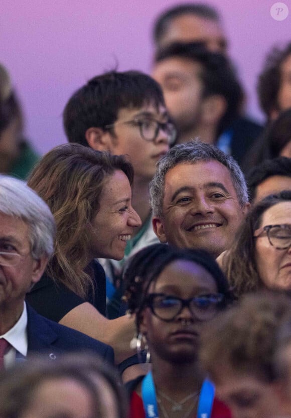 Gérald Darmanin et sa femme Rose-Marie Devillers assistent à la finale de l'épée individuellel homme avec le francais Yannick Borel qui perd en finale face à Kōki Kanō au Grand Palais lors des Jeux Olympiques de Paris 2024 (JO) à Paris le 28 juillet 2024. © Dominique Jacovides-Pierre Perusseau/Bestimage 