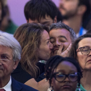 Gérald Darmanin et sa femme Rose-Marie Devillers assistent à la finale de l'épée individuellel homme avec le francais Yannick Borel qui perd en finale face à Kōki Kanō au Grand Palais lors des Jeux Olympiques de Paris 2024 (JO) à Paris le 28 juillet 2024. © Dominique Jacovides-Pierre Perusseau/Bestimage 