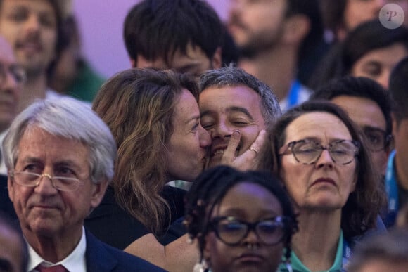 Gérald Darmanin et sa femme Rose-Marie Devillers assistent à la finale de l'épée individuellel homme avec le francais Yannick Borel qui perd en finale face à Kōki Kanō au Grand Palais lors des Jeux Olympiques de Paris 2024 (JO) à Paris le 28 juillet 2024. © Dominique Jacovides-Pierre Perusseau/Bestimage 