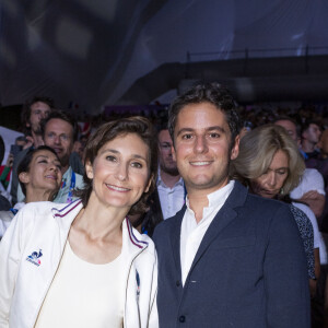 Amélie Oudéa-Castéra et Gabriel Attal assistent à la finale de l'épée individuellel homme avec le francais Yannick Borel qui perd en finale face à Kōki Kanō au Grand Palais lors des Jeux Olympiques de Paris 2024 (JO) à Paris le 28 juillet 2024. © Dominique Jacovides-Pierre Perusseau/Bestimage 