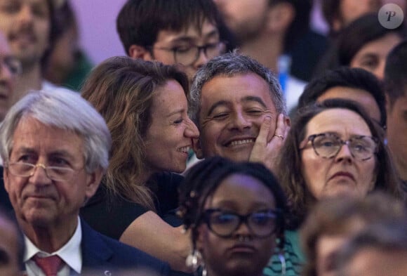 Gérald Darmanin et sa femme Rose-Marie Devillers assistent à la finale de l'épée individuelle homme avec le francais Yannick Borel qui perd en finale face à Kōki Kanō au Grand Palais lors des Jeux Olympiques de Paris 2024 (JO) à Paris le 28 juillet 2024. © Dominique Jacovides-Pierre Perusseau/Bestimage 