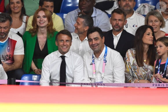 Emmanuel Macron et Stephane Nomis ( president FFjudo ) à l'Arena Champ de Mars le 2 août 2024 à Paris pour suivre le judo. © Federico Pestellini / DPPI / Panoramic / Bestimage