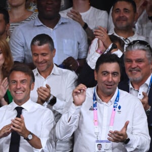 Emmanuel Macron et Stephane Nomis ( president FFjudo ) à l'Arena Champ de Mars le 2 août 2024 à Paris pour suivre le judo. © Federico Pestellini / DPPI / Panoramic / Bestimage