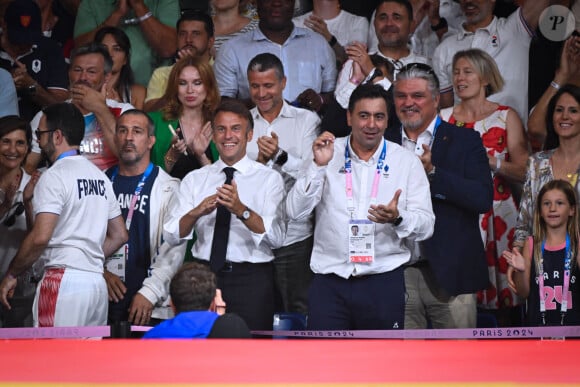 Emmanuel Macron et Stephane Nomis ( president FFjudo ) à l'Arena Champ de Mars le 2 août 2024 à Paris pour suivre le judo. © Federico Pestellini / DPPI / Panoramic / Bestimage