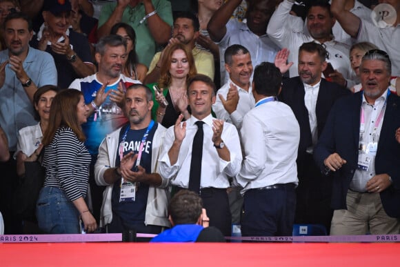 Emmanuel Macron et Stephane Nomis ( president FFjudo ) à l'Arena Champ de Mars le 2 août 2024 à Paris pour suivre le judo. © Federico Pestellini / DPPI / Panoramic / Bestimage