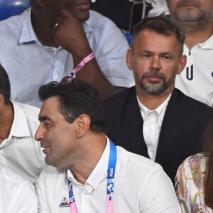 Emmanuel Macron et Stephane Nomis ( president FFjudo ) à l'Arena Champ de Mars le 2 août 2024 à Paris pour suivre le judo. © Federico Pestellini / DPPI / Panoramic / Bestimage