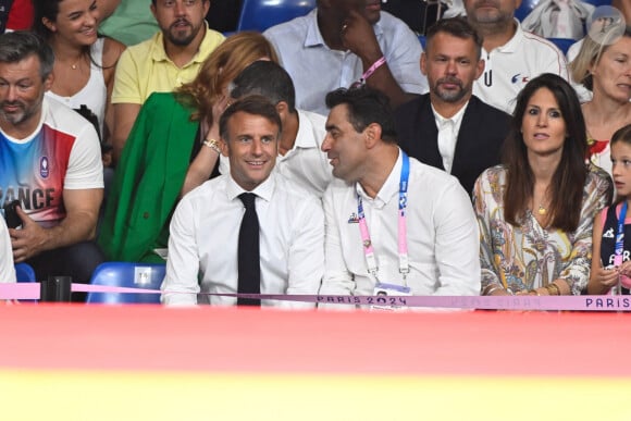 Emmanuel Macron et Stephane Nomis ( president FFjudo ) à l'Arena Champ de Mars le 2 août 2024 à Paris pour suivre le judo. © Federico Pestellini / DPPI / Panoramic / Bestimage