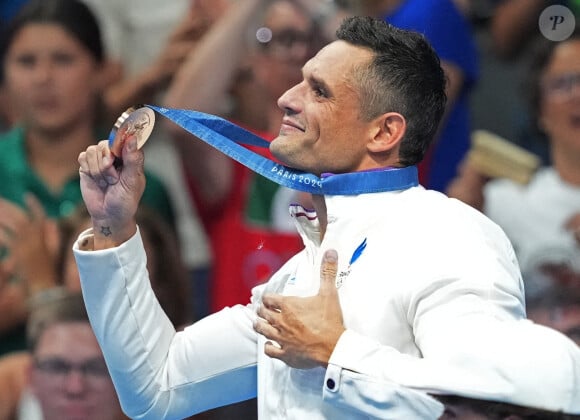 Florent Manaudou a décroché la médaille de bronze aux Jeux Olympiques de Paris 2024 dans l'épreuve du 50m nage libre le 2 août à la Paris La Défense Arena.. Photo by Richard Ellis/UPI/ABACAPRESS.COM