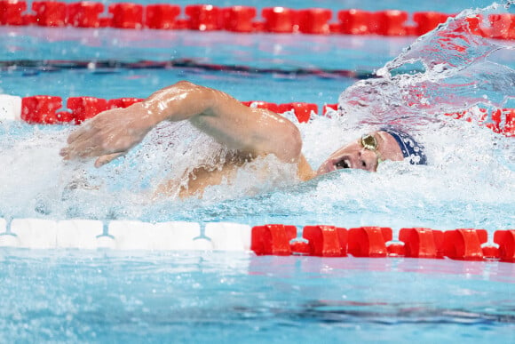 Côté France, il ne lui reste plus qu'une seule médaille d'or pour égaler Martin Fourcade et Teddy Riner.
Léon Marchand participe à la finale de l'épreuve de natation du 200m quatre nages individuel lors des Jeux Olympiques d'été de Paris 2024, le 2 août 2024. David Nivière/ABACAPRESS.COM