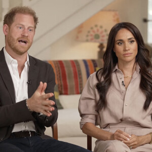 Le prince Harry, duc de Sussex et Meghan Markle, duchesse de Sussex, lors d'une interview pour l'émission CBS News Sunday Morning, diffusée le 4 août 2024. 