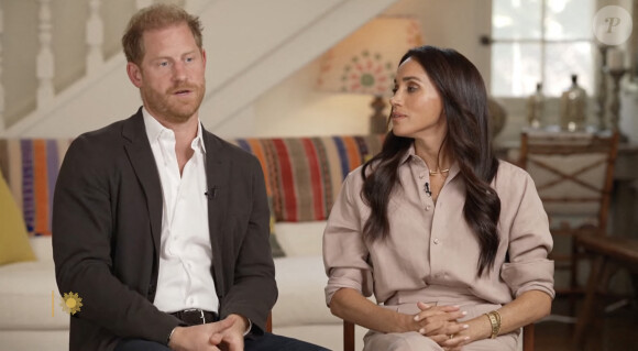 Le prince Harry, duc de Sussex et Meghan Markle, duchesse de Sussex, lors d'une interview pour l'émission CBS News Sunday Morning, diffusée le 4 août 2024. 