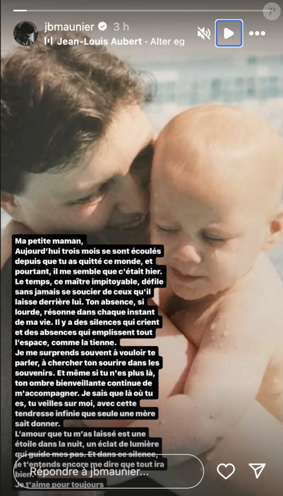 Accompagné d'une photo de lui bébé dans les bras de sa mère, il écrit : "Ma petite maman, aujourd'hui trois mois se sont écoulés depuis que tu as quitté ce monde, et pourtant il me semble que c'était hier"
Jean-Baptiste Maunier rend un émouvant hommage à sa mère décédée. Instagram