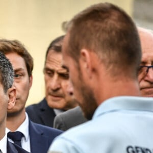 Gérald Darmanin, ministre de l'Intérieur, est en visite à la caserne de gendarmerie de Port-Sainte-Marie, commune où Mélanie Lemée, gendarme, a été tuée par un chauffard. C'est le premier déplacement de Gérald Darmanin en tant que ministre de l'Intérieur. Le 7 juillet 2020. © Thierry Breton / Panoramic / Bestimage