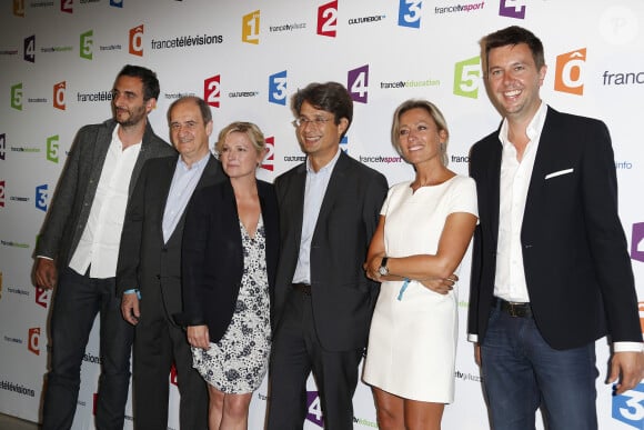 No Web - Matthieu Noël, Pierre Lescure, Anne-Elisabeth Lemoine, Bruno Patino, Anne-Sophie Lapix et Maxime Switek lors de la conférence de presse de rentrée de France Télévisions au Palais de Tokyo à Paris, le 26 août 2014. 