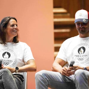 Parrains des Relais de la Flamme Olympique Laure Manaudou - Florent Manaudou - Dévoilement du parcours du relais de la flamme des Jeux Olympiques de Paris 2024 dans la grand amphitheatre de la Sorbonne à Paris le 23 juin 2023. 