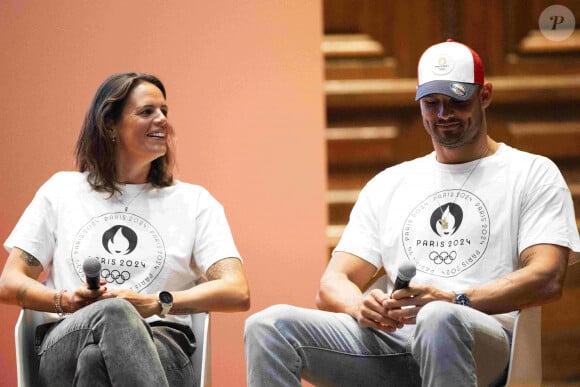 Parrains des Relais de la Flamme Olympique Laure Manaudou - Florent Manaudou - Dévoilement du parcours du relais de la flamme des Jeux Olympiques de Paris 2024 dans la grand amphitheatre de la Sorbonne à Paris le 23 juin 2023. 