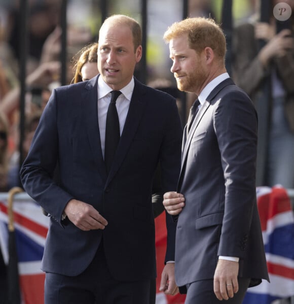 Le prince de Galles William, le prince Harry, duc de Sussex à la rencontre de la foule devant le château de Windsor, suite au décès de la reine Elisabeth II d'Angleterre. Le 10 septembre 2022 