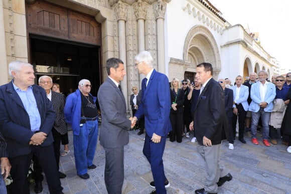 Luis Fernandez, Charles Bébert, David Lisnard (Maire de Cannes), Arsène Wenger - Obsèques du journaliste sportif, Didier Roustan, décédé le 11 septembre à l'âge de 66 ans en l'église Notre-Dame-des-Pins, à Cannes le 20 septembre 2024. © Franz Chavaroche/Bestimage