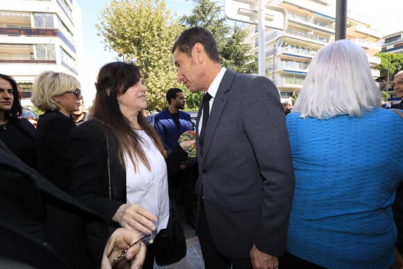 Murielle Roustan, David Lisnard (Maire de Cannes) - Sorties des obsèques du journaliste sportif, Didier Roustan, décédé le 11 septembre à l'âge de 66 ans en l'église Notre-Dame-des-Pins, à Cannes le 20 septembre 2024. © Franz Chavaroche/Bestimage