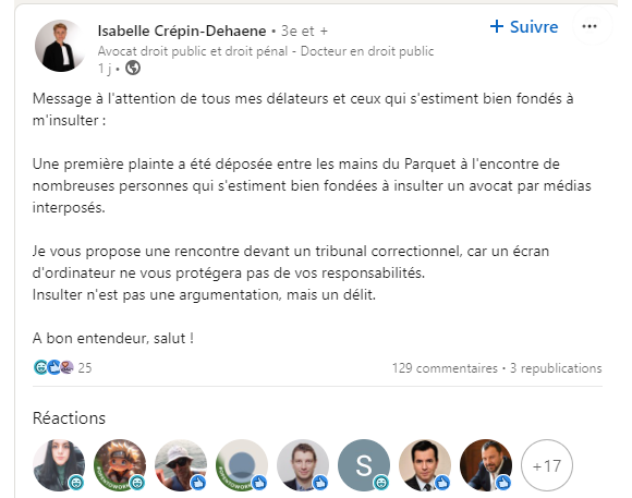 Réponse d'Isabelle Crépin-Dehaene aux critiques, LinkedIn.