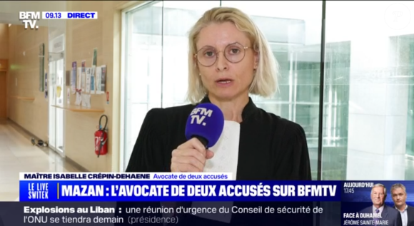 Après Nadia El Bouroumi
Isabelle Crépin-Dehaene, avocate de la défense dans le procès des viols de Mazan, "BFMTV".