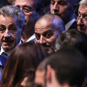 Nicolas Sarkozy lors d'une cérémonie organisée par le Conseil des institutions juives de France (CRIF) en hommage aux victimes des attentats du Hamas du 7 octobre 2023 contre Israël, à l'occasion du premier anniversaire de l'événement, à Paris, le 7 octobre 2024. © Stéphane Lemouton / Bestimage