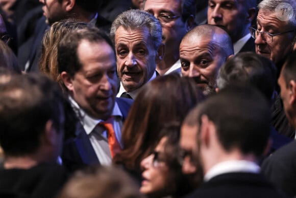 Nicolas Sarkozy lors d'une cérémonie organisée par le Conseil des institutions juives de France (CRIF) en hommage aux victimes des attentats du Hamas du 7 octobre 2023 contre Israël, à l'occasion du premier anniversaire de l'événement, à Paris, le 7 octobre 2024. © Stéphane Lemouton / Bestimage