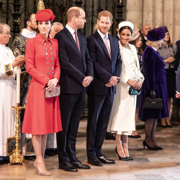 Catherine Kate Middleton, duchesse de Cambridge, le prince William, duc de Cambridge, le prince Harry, duc de Sussex, Meghan Markle, enceinte, duchesse de Sussex, le prince Charles, prince de Galles lors de la messe en l'honneur de la journée du Commonwealth à l'abbaye de Westminster à Londres le 11 mars 2019. 