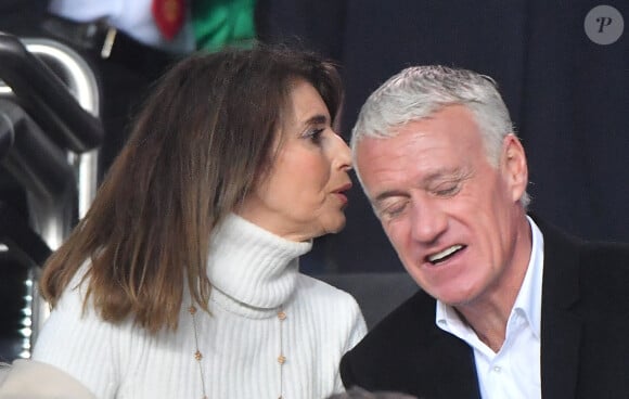 Didier Deschamps et son épouse Claude regardant depuis les tribunes le 1/8e de finale retour de la Champion's League, Paris-St-Germain (PSG) contre Manchester United au stade du Parc des Princes à Paris, France, le 6 mars 2019. Manchester United s'est imposé 3-1 et s'est qualifié pour les 1/4. Photo par Christian LiewigABACAPRESS.COM