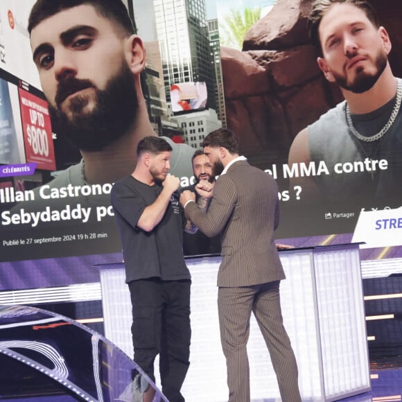 Les deux hommes vont bientôt s'affronter dans un combat de MMA
Exclusif - Sebastien Dubois, Illan Castronovo, sur le plateau de l'enregistrement de l'émission " Face à Hanouna " présentée par C.Hanouna et diffusée sur C8 le 20 octobre 2024, à Paris, France, le 17 octobre 2024. © Jack Tribeca/Bestimage